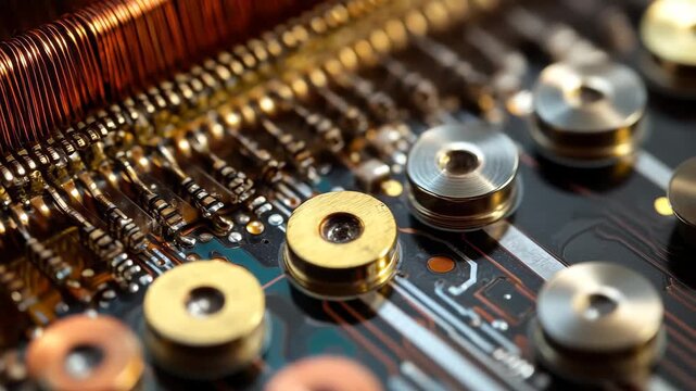 Close-up view of a circuit board showing intricate details of wiring and components under bright lighting conditions