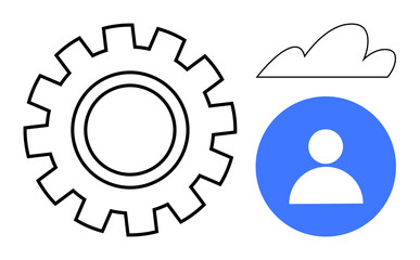 Black outline gear next to a cloud and blue circle user icon. Ideal for technology, cloud computing, digital interaction, IT solutions, user integration, business processes, and simplified concepts