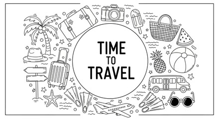 Fototapeta premium A circular composition of hand-drawn travel and summer vacation doodle icons set against a white background