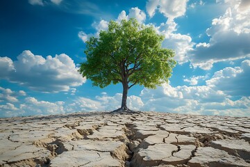 Lone Green Tree on Cracked Earth Under Sunny Blue Sky with Fluffy Clouds