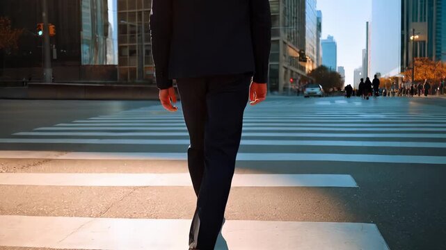 Man Walking Across City Crosswalk in Urban Environment
