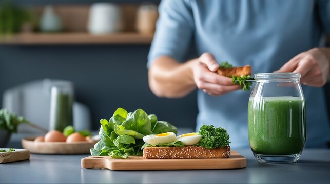 man preparing a nutritious breakfast of avocado toast, eggs, and a green smoothie in a bright modern kitchen