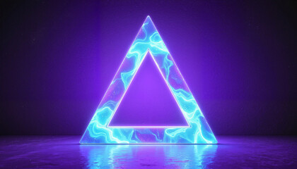 Glowing geometric triangle shape with vibrant neon light on reflective surface