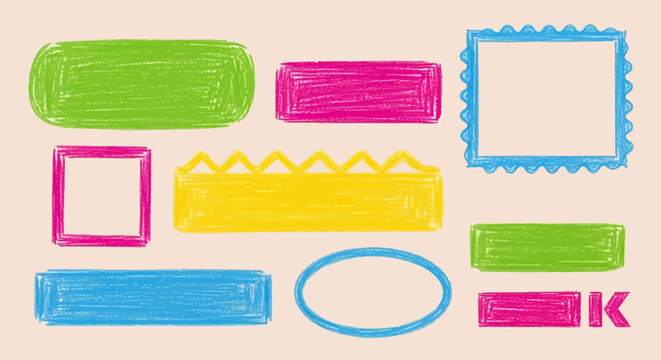 A vibrant collection of hand-drawn crayon frames and playful shapes, perfect for adding a touch of whimsical color to design projects and creative compositions, suitable for banners, labels, 