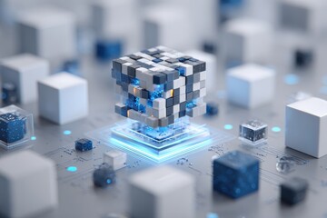 Self-learning technology clipart, data concept icon, geometric flat design, modern blue tones
