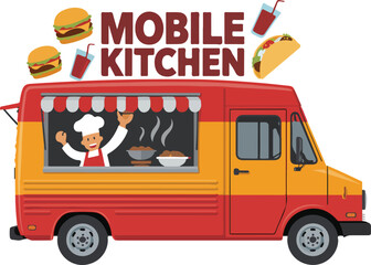 Mobile kitchen food truck vector graphic with chef serving fast food burgers tacos and drinks