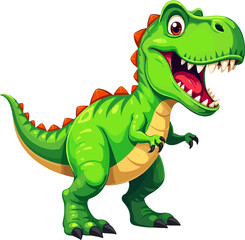 Obraz premium A lively cartoon illustration of a cheerful green dinosaur with bright details and a friendly smile, perfect for children’s artwork, prehistoric themes, educational materials, character designs, playf