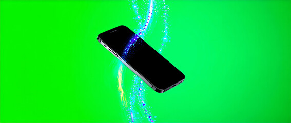 A sleek, modern smartphone is suspended in mid-air against a vibrant green background, with swirling trails of blue and yellow light encircling it.