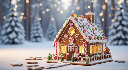 A gingerbread house with a snow-covered roof and colorful candies on the roof, surrounded by a snowy forest with pine trees and glowing lights in the background.