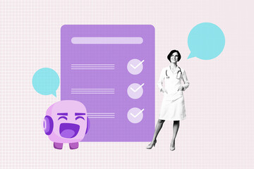 Full 3d trendy composite collage of happy girl doctor stand webpage checkmark icon robot artificial intelligence consultation