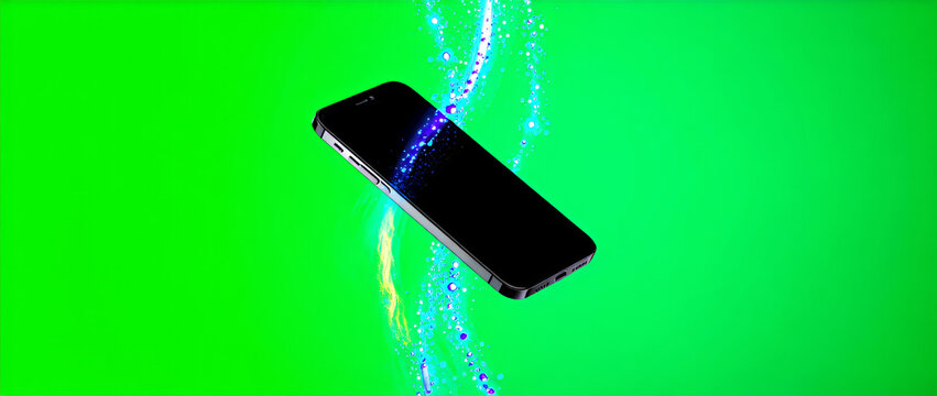 A sleek, modern smartphone is suspended in mid-air against a vibrant green background, with swirling trails of blue and yellow light encircling it.