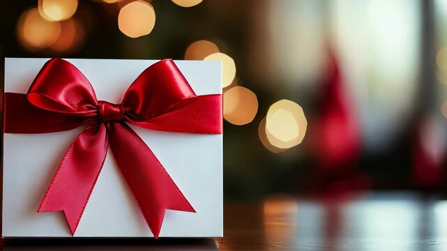 The beautifully wrapped gift box features a vibrant red bow, placed elegantly on a wooden surface. This gift box with a red bow stands out against a softly blurred, festive backgro