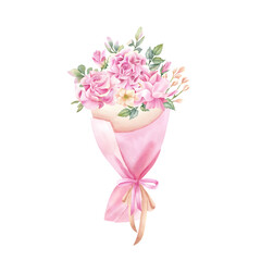 Spring floral bouquet tied with ribbon in paper packaging. Delicate pink rose, freesia flower with leaves of pistachio. Botanical festive illustration isolated from background for women holiday card
