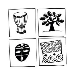 African Culture Icons Featuring Drum and Mask Silhouettes Vector