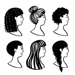 Elegant Female Head Profile Silhouettes with Varied Hairstyles