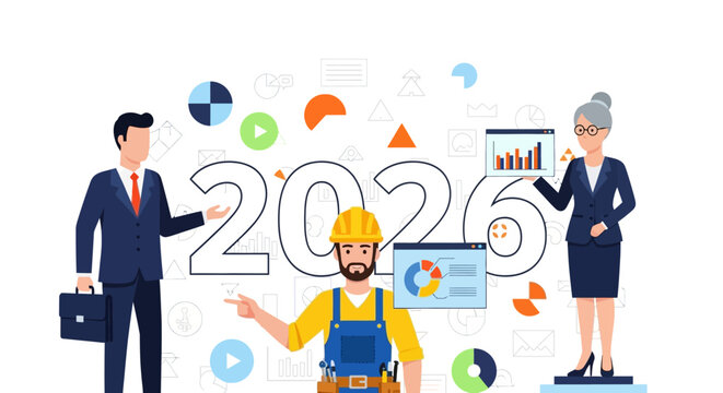 Business and industry professionals preparing for success in the year 2026 with futuristic elements and charts