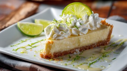 Slice of key lime pie with whipped cream and lime zest on white plate. Sweet dessert with citrus flavor for restaurant menu.