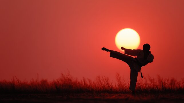 Silhouette of a man practicing karate in sunset. Martial art training concept. Dynamic athlete doing high kick against red sky.