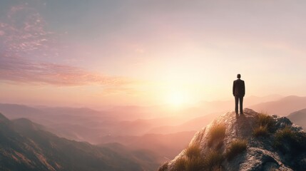 Obraz premium Man standing on mountain peak at sunset, looking at horizon. Business vision and future challenge concept. Success and leadership idea for company growth.