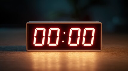 Digital alarm clock displaying 00:00 on a dark background. Concept of new year, deadline, midnight, or start time.