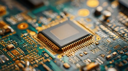 Detailed close-up of a semiconductor microchip on a green printed circuit board, illustrating modern electronic technology and computing power for tech industry.