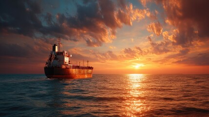 Fototapeta premium Cargo ship sailing on ocean at stunning golden sunset. Commercial vessel on open sea for global trade and transportation concept.