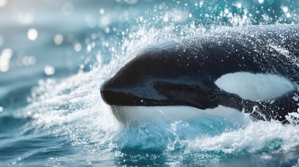 Obraz premium Orca surfacing in ocean water. Killer whale close up with splashing waves. Marine animal in natural habitat. Aquatic wildlife concept.