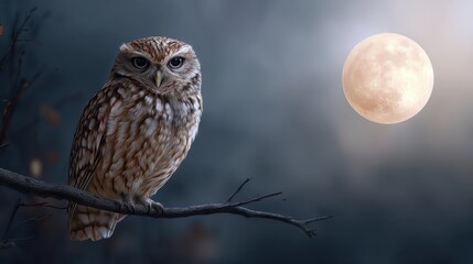 Owl perched on branch with full moon in dark sky. Night wildlife concept and Halloween theme for spooky season.