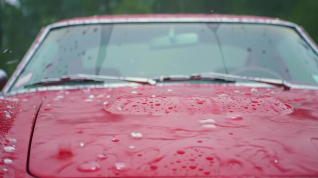Extreme close-up video of a glossy, dark metallic car surface pummeled by hail and torrential rain. Ice pellets explode and shatter on wet paint with blurred dark foliage background. Visceral weather