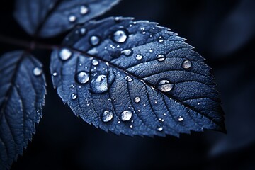 Macro CloseUp of Rose Leaf Covered in Water Droplets with Dark Background