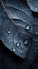Macro of a Dark Leaf with Water Droplets Highlighting Veins and Texture