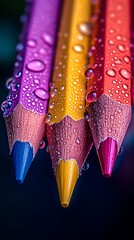 Macro Shot of Colorful Pencils with Water Droplets Art Supplies, Craft Projects, School