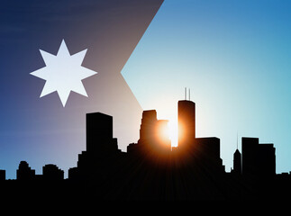 Minneapolis Skyline Bright Sun with new official Minnesota State Flag