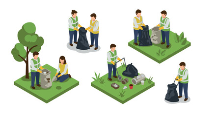 Isometric volunteers cleaning park: waste collection and recycling activities