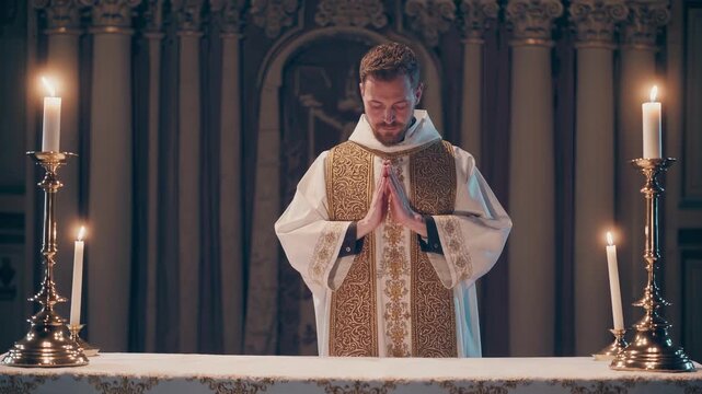 Priest at the altar in a church sanctuary, hands clasped in prayer during a solemn worship service, wearing gold‑embroidered vestments between tall candles; faith and spirituality