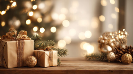Golden Christmas Gifts and Pine Decoration &ndash; Elegant Holiday 4K Photo
