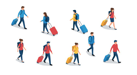Diverse travelers with luggage in isometric style