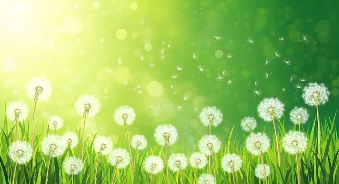 Dreamy dandelion meadow with bright green grass and bokeh lights creates a fresh spring vibe