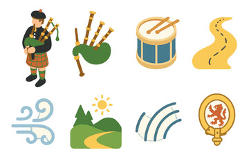 Fototapeta premium Highland Icon Set. Highland Bagpipes flat icons: kilted piper, bagpipes, drum, marching path, wind swirl, countryside, rhythm lines, crest symbol