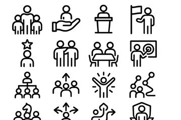 Fototapeta premium Leadership Icons Collection. Leadership and Team Icons outline icons: leader with group, guiding hand, podium speaker, flag bearer, leader star, mentorship icon, team discussion,