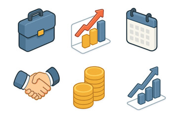 Isometric Business Icons. Business auto scaling flat icons: briefcase, chart, calendar, handshake, stack of coins, upward graph.