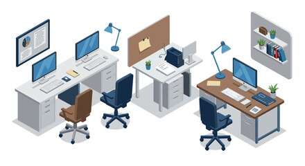 Modern isometric office workspace with desks, computers, and office supplies