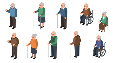 Isometric elderly people with mobility aids in diverse poses and outfits