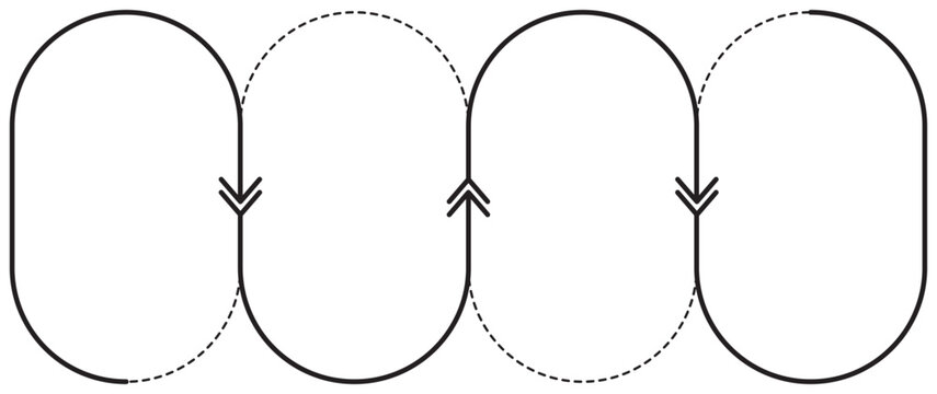 Vector Circular Process Infographic Template. Monochrome, 4-step illustration uses rounded segments and arrows to visualize a continuous, alternating flow or cycle. Thickness of the lines is editable
