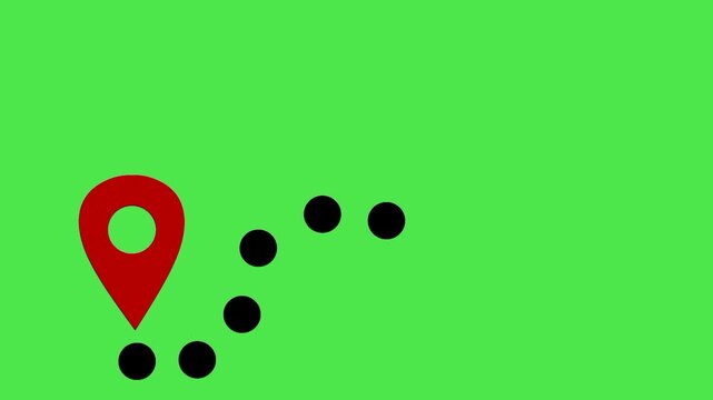 animated illustration of a travel route on a green screen. animated location pin