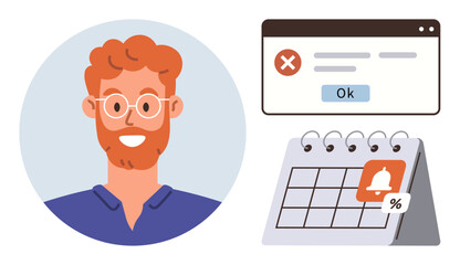 Smiling man with glasses, error message box with Ok button, calendar with notification and percentage discount tag. Ideal for schedules, deadlines, productivity, reminders, planning, management