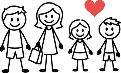 PrintStick figure family illustration, happy parents and children, heart symbol, simple line art, love concept, minimal design, cartoon vector