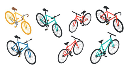 Colorful isometric bicycle collection with diverse designs on white background