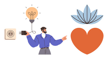 Man plugs cord into outlet with glowing bulb above, heart, and lotus in composition. Ideal for innovation, sustainability, mindfulness, wellness, energy, creativity emotional balance simple flat