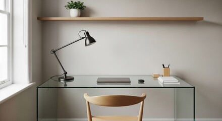 A minimalist home office setup featuring a glass desk, wooden chair, and a black desk lamp.